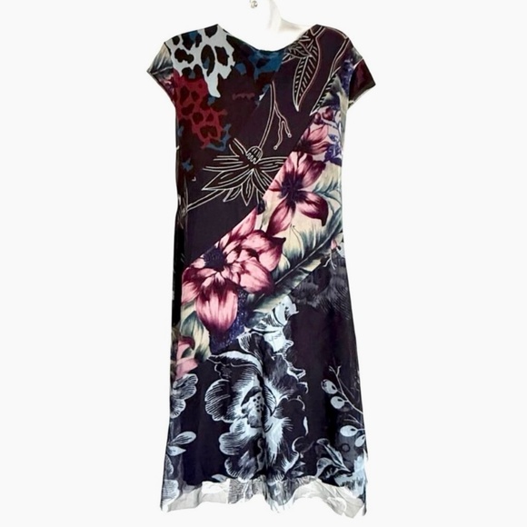 Desigual Stretch Mesh Dress Size Small S Black Floral Print Cap Sleeve 2 Layer - Picture 4 of 5